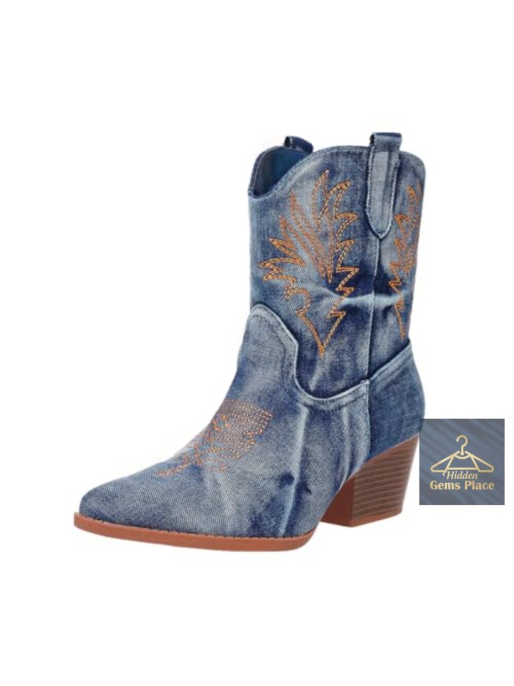 Western Embroidered Cowboy Ankle Bootie Block Heel Pointed Toe Faux Suede